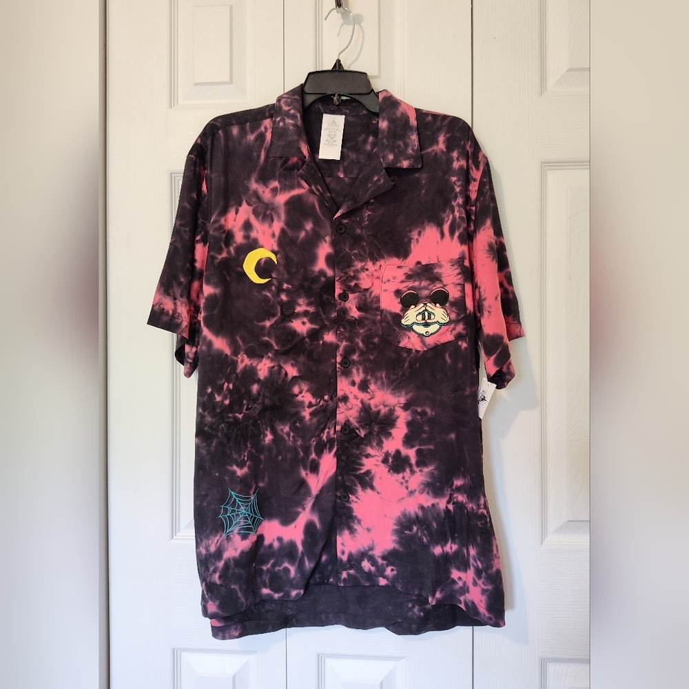 NWT Disney Halloween Tie Dye Collared Button Up Embroidered Large Lightweight